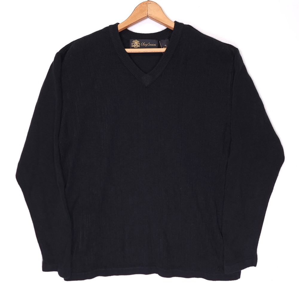 Oleg Cassini Mens‎ XL Black V-Neck Ribbed Knit Pullover Sweater Long Sleeve